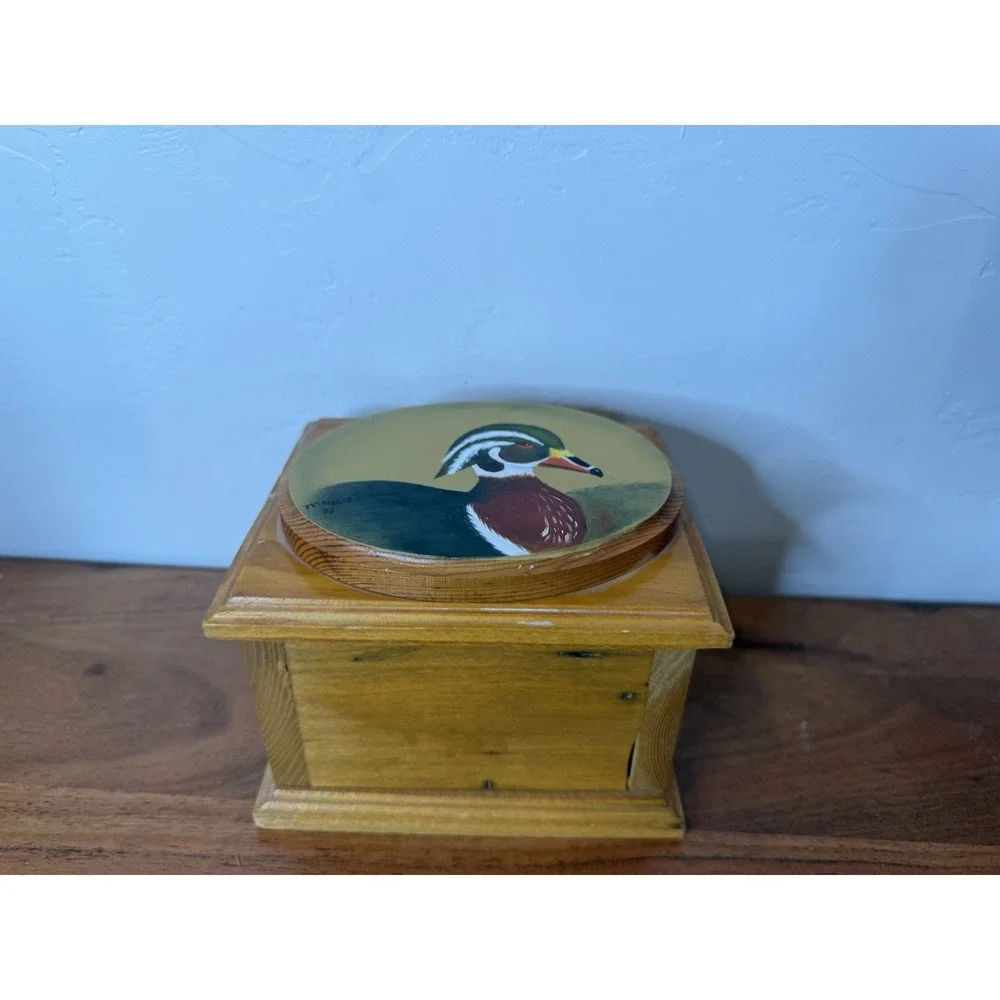 Carved Duck, Folk Art Wooden Duck Box Handcarved Hunting Decor Red Velvet Signed